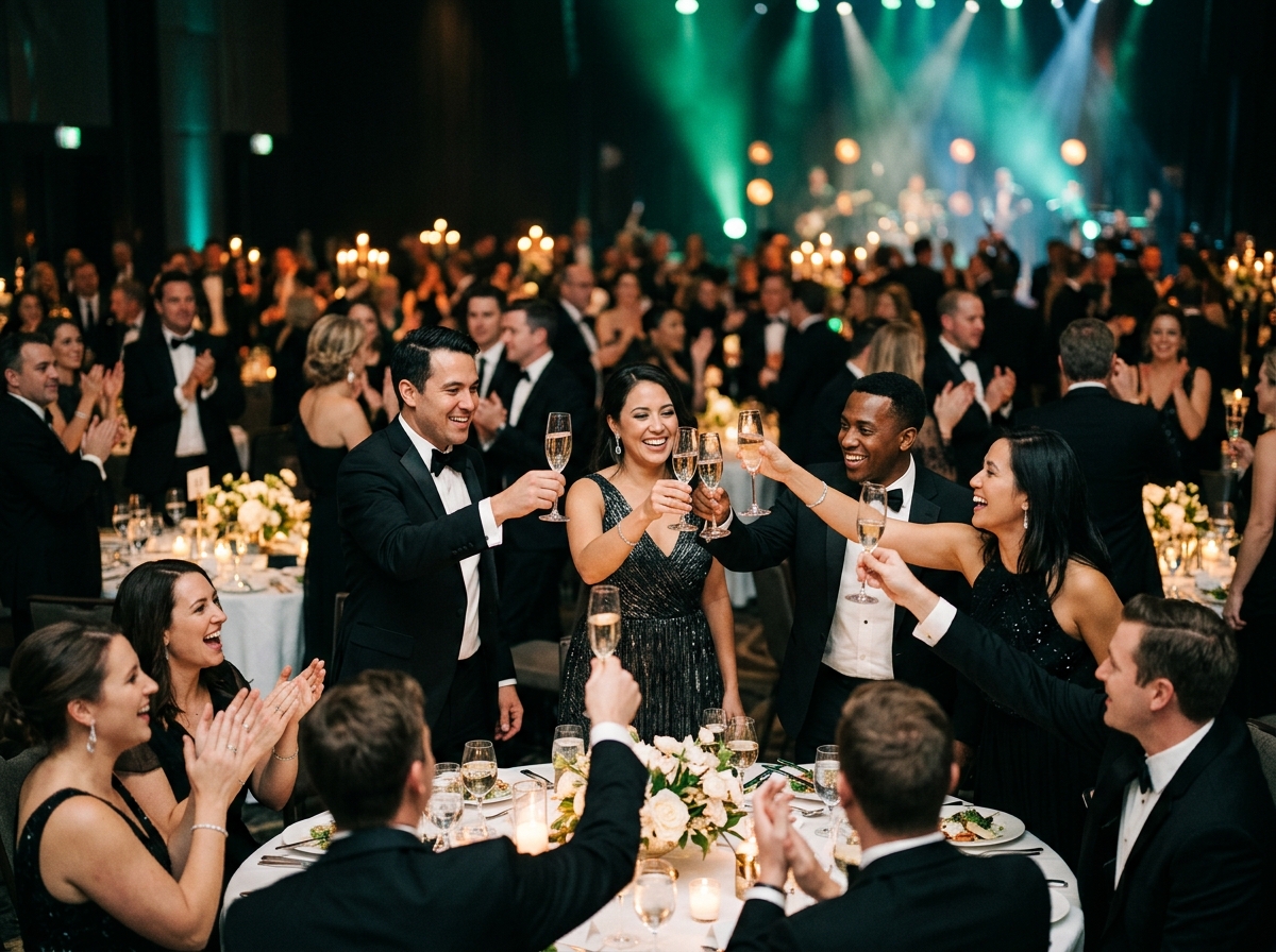 Toast au champagne lors d'un gala en tenue de soirée
