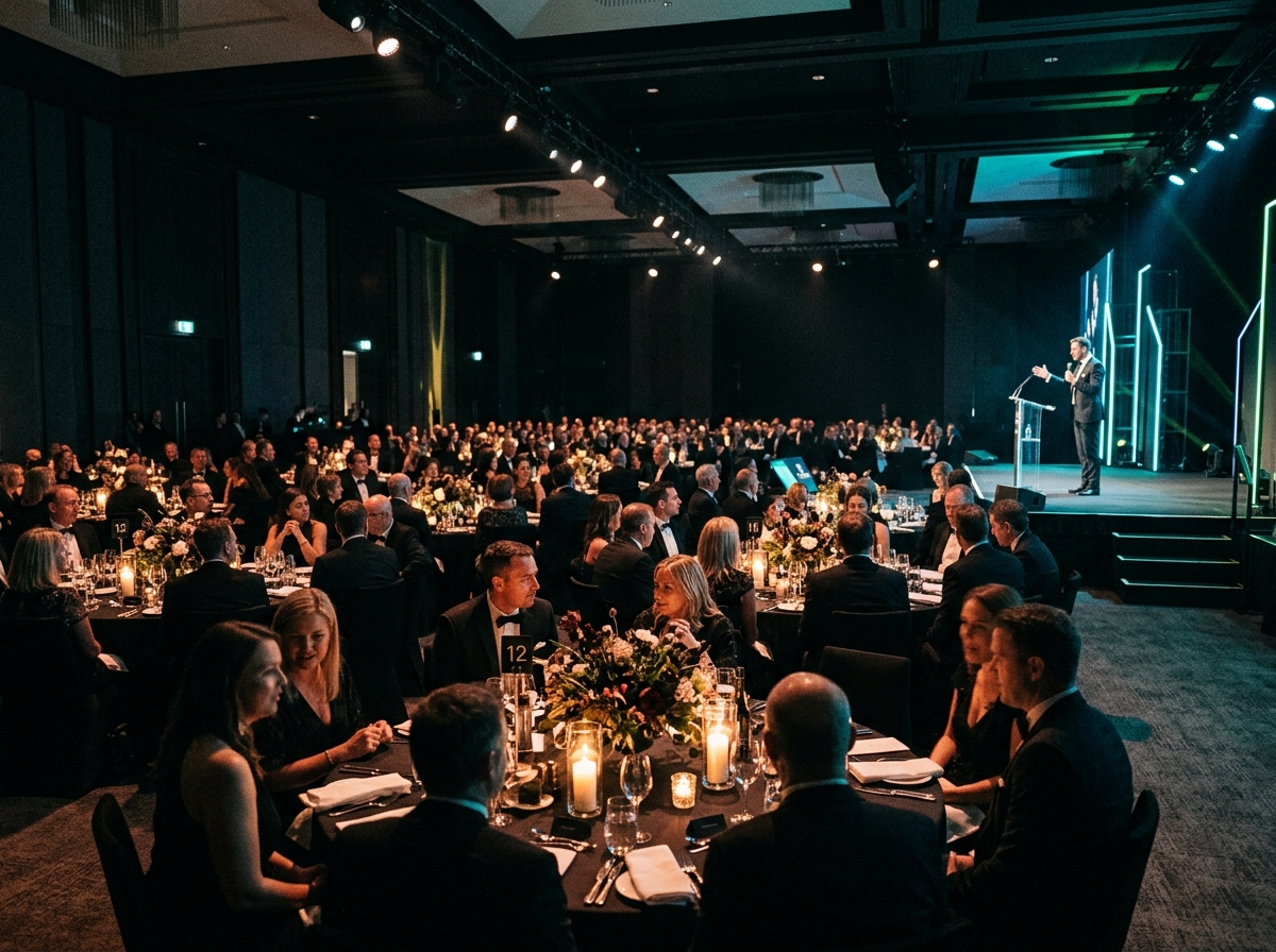 Tables rondes élégantes lors d'un dîner de gala
