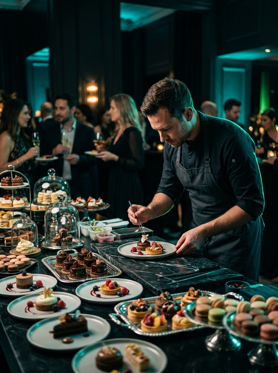 Buffet de desserts dressé sous une lumière dramatique