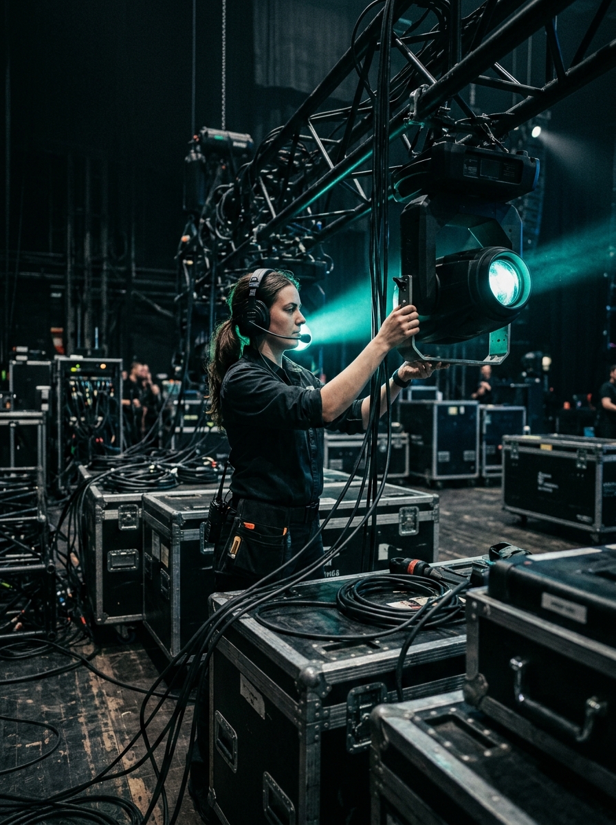 Technicien réglant les lumières en coulisses