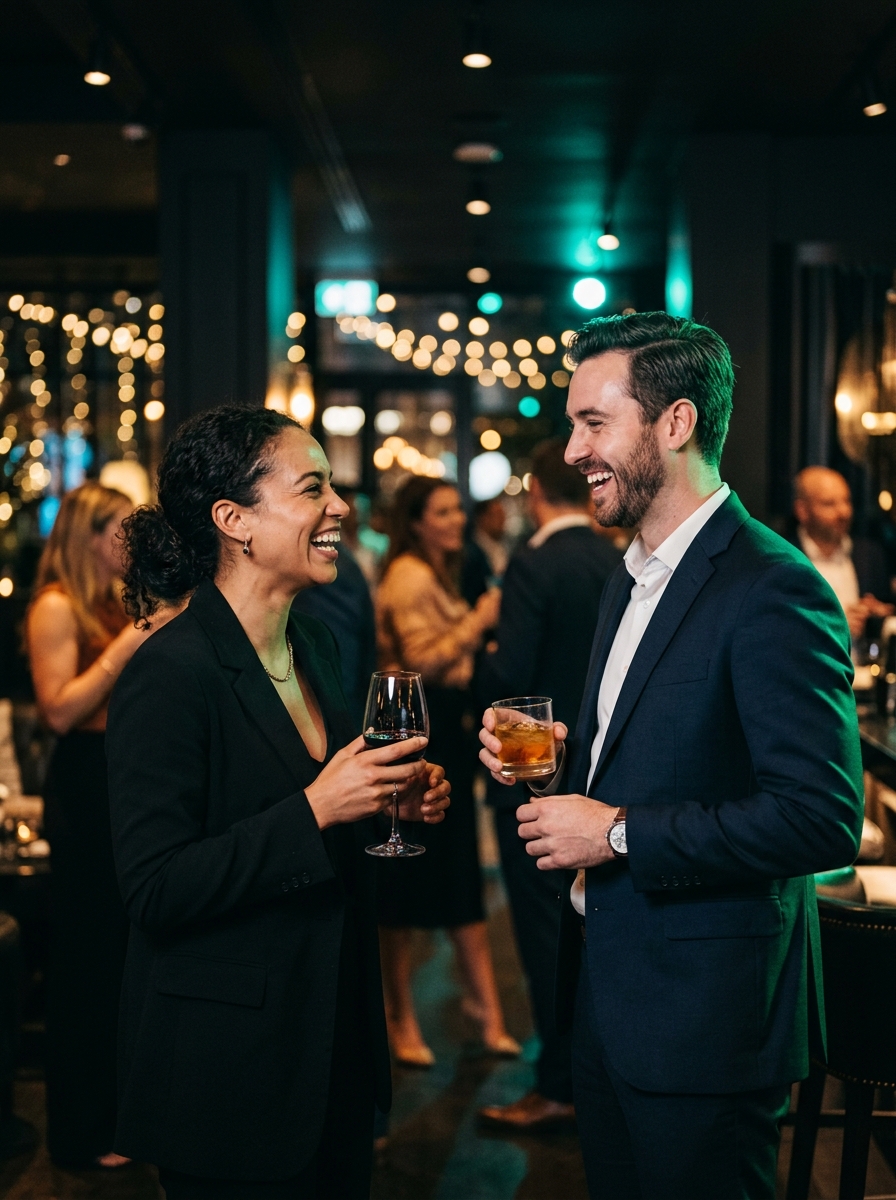 Deux professionnels riant lors d'un cocktail de networking