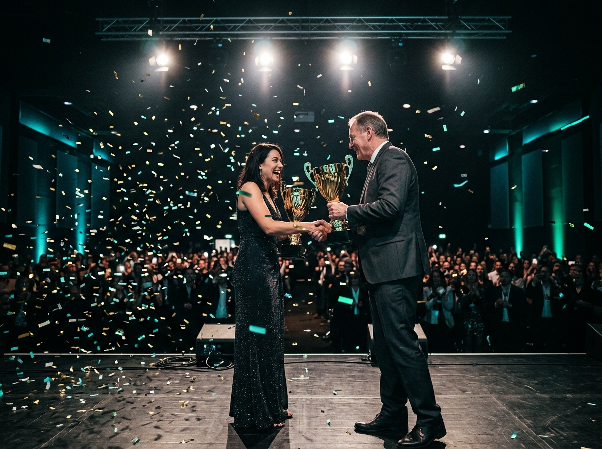 Remise de trophée sous les projecteurs avec confettis
