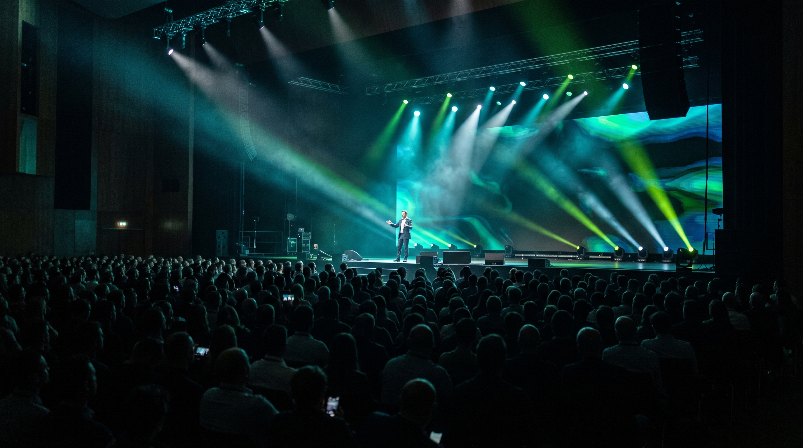 Keynote sur une grande scène de conférence à Luxembourg, écran LED et faisceaux lumineux