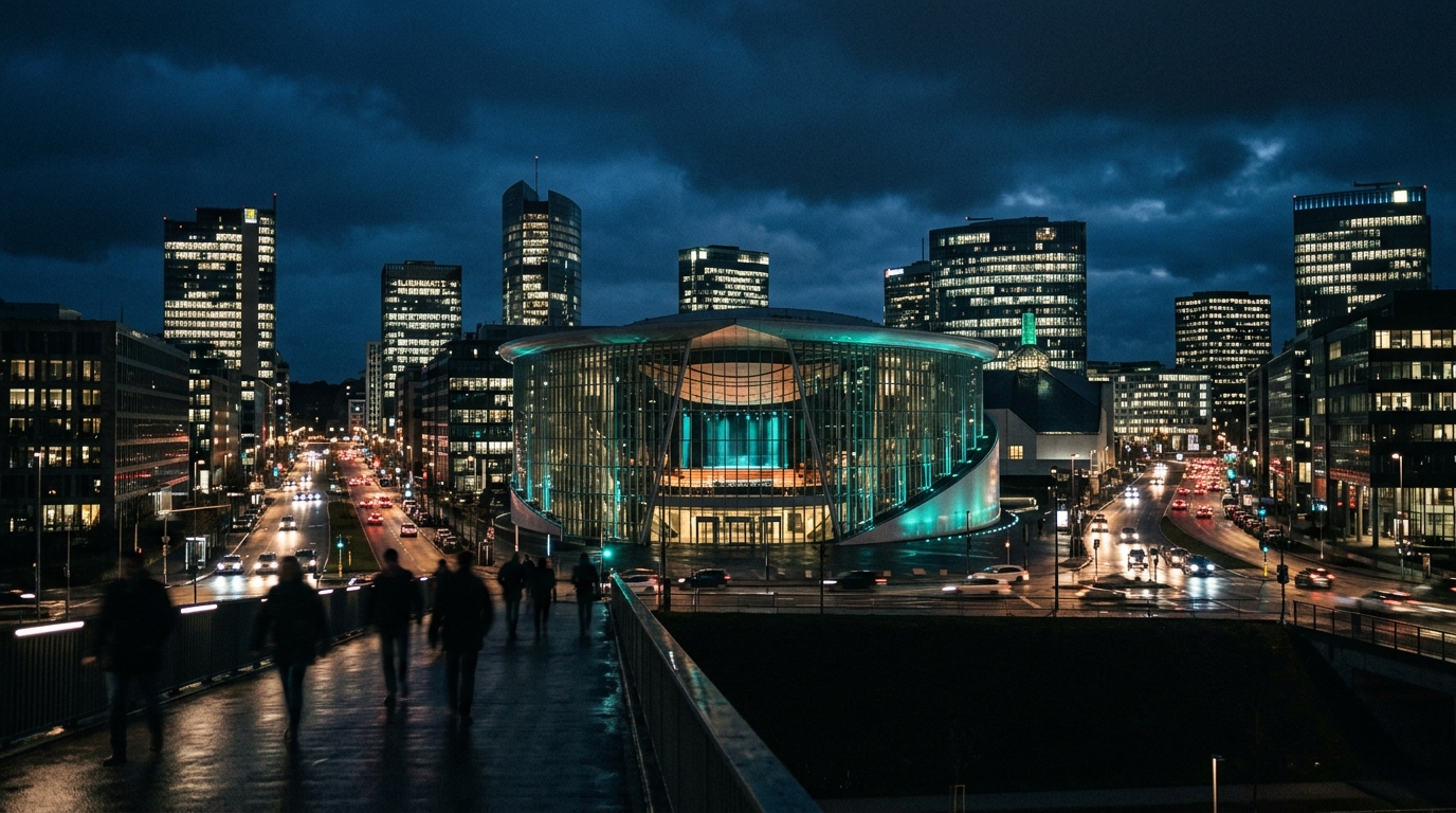 Quartier du Kirchberg à Luxembourg de nuit, Philharmonie et immeubles de verre