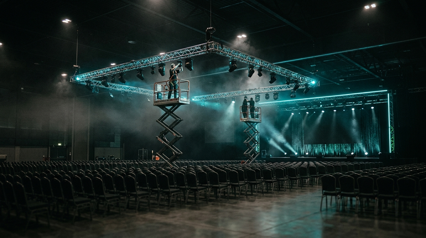 Salle de conférence en cours de montage, techniciens sur nacelles